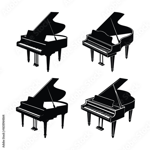 Four Grand Pianos in Black and White Arranged in a Grid Pattern