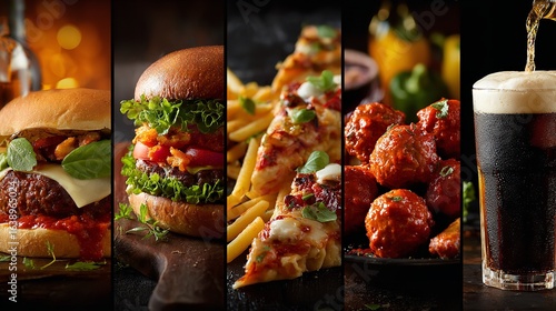 A collage of various types of food and drinks, including burgers, pizza slices, meatballs with sauce, pasta with tomato sauce, chicken wings in a bar atmosphere, Generative AI.