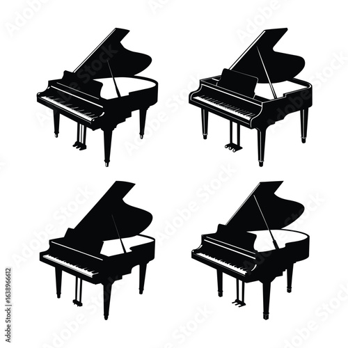 Four Grand Pianos in Black and White Arranged in a Grid Pattern