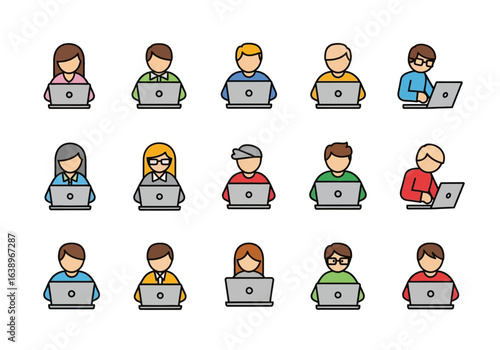 Avatars using laptops with various appearances for technology, communication, remote work, online education, digital marketing, and social media concepts.