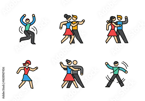 Figures dancing in various styles. Suitable for dance studios, event promotions, and artistic projects showcasing movement and creativity.