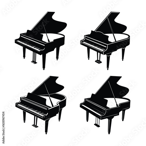 Four Grand Pianos in a Grid Pattern Black and White Illustration