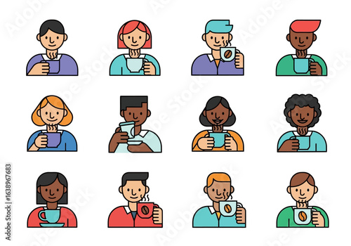 Group of individuals enjoying hot beverages, such as coffee and tea, suitable for cafe promotions, social media posts, and lifestyle blogs.
