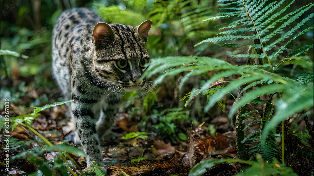 Obraz premium Rare animal Iriomote cat (Prionailurus iriomotensis) elegantly navigating the thick underbrush of the subtropical forests on Iriomote Island, Japan.