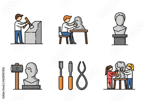 Dynamic scene depicting the process of sculpting with tools and figures, ideal for art tutorials or educational materials.