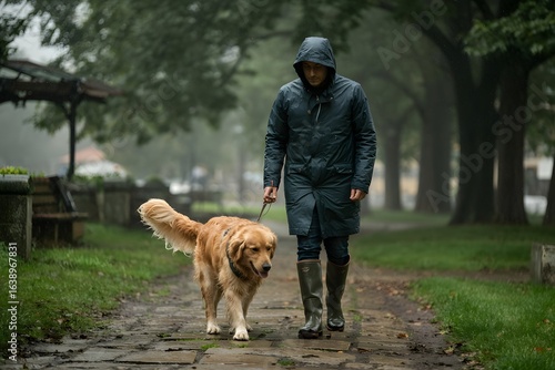Person in rain gear walks golden retriever dog on muddy path in forest