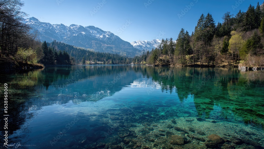Fototapeta premium Crystal-clear lake reflecting mountains, spring trees