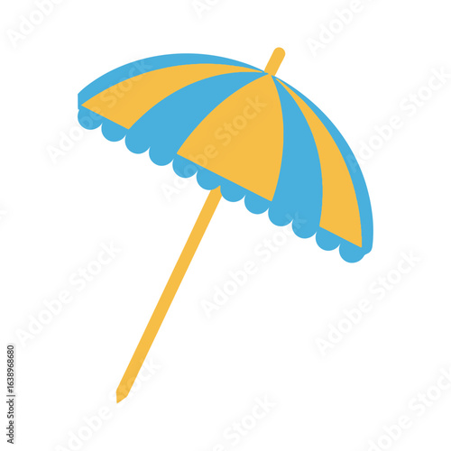 A yellow and blue striped umbrella on a white background.