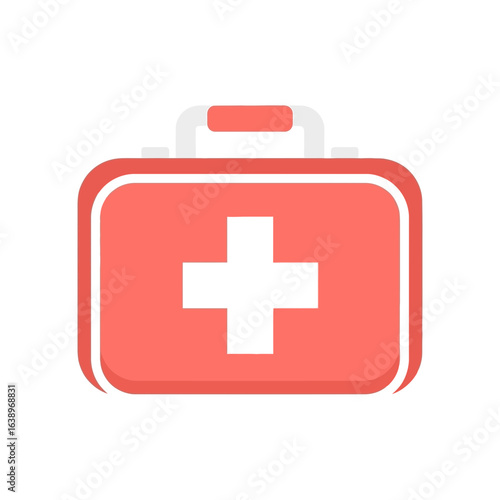 Red first aid kit with white cross symbol.