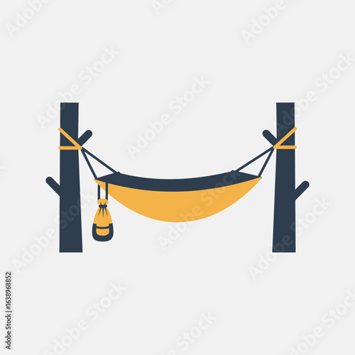 Hammock strung between two trees with a bottle hanging.