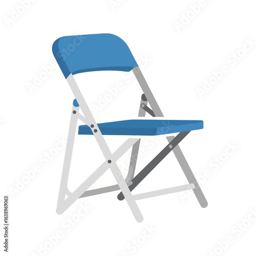 A blue folding chair with a white frame on a white background.