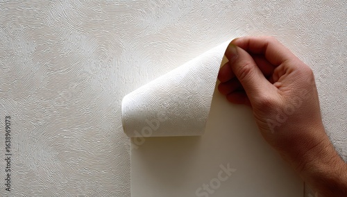 Hand peeling textured wallpaper in a room