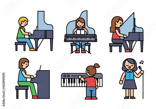 Group of individuals performing music on pianos and keyboards while singing, suitable for music events and performances promotional materials.