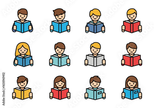 Group of diverse individuals engaged in reading various books with unique covers, suitable for education or literacythemed designs.