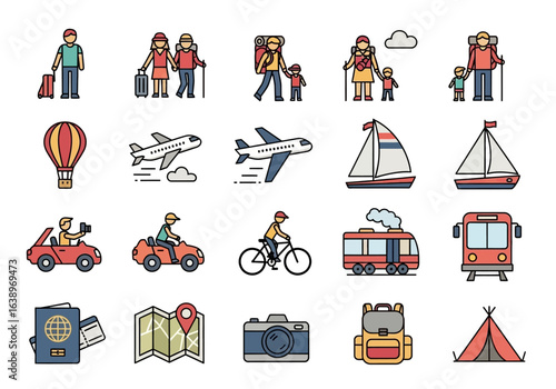 Transportation icons of planes, cars, and people ideal for travel brochures, websites, presentations, and infographics about transportation services.