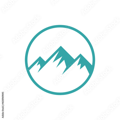 Turquoise mountain peaks inside a circle logo