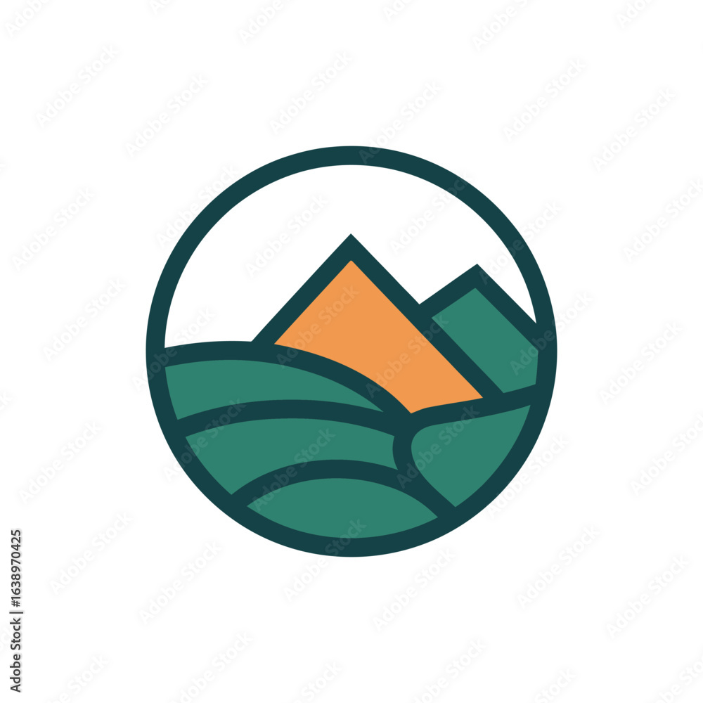 Fototapeta premium Circular logo featuring stylized mountain landscape with sun and green hills