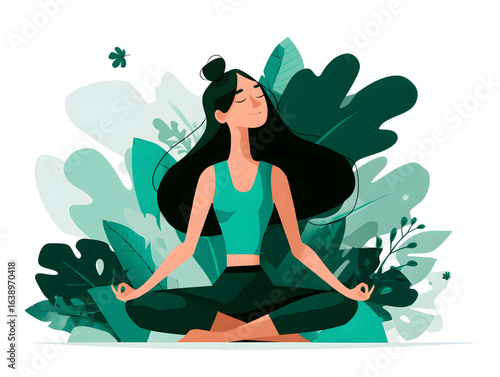 Woman meditating surrounded by lush greenery in a peaceful setting during daylight hours