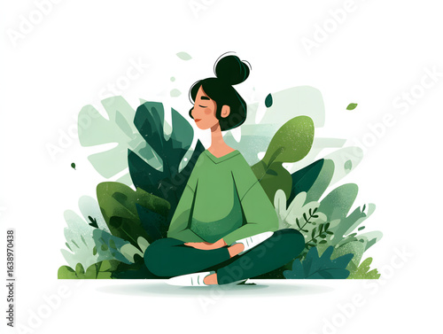 Woman meditating surrounded by lush greenery in a peaceful setting during daylight hours