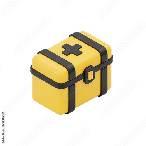 Isometric Yellow First Aid Kit with Black Cross and Straps
