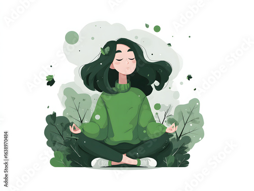 Woman meditating surrounded by lush greenery in a peaceful setting during daylight hours
