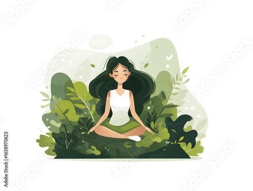 Woman meditating surrounded by lush greenery in a peaceful setting during daylight hours