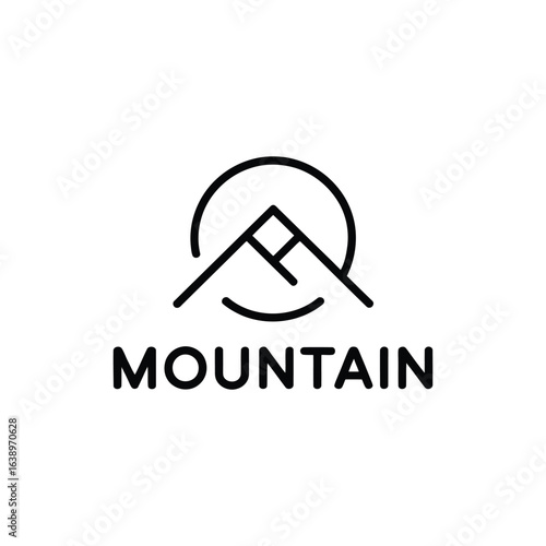 Minimalist mountain peak logo with sun or moon circle and text