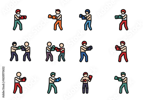 Boxers in different stances with boxing gloves, ideal for sports, fitness, training, competition, and combat themed designs and projects.