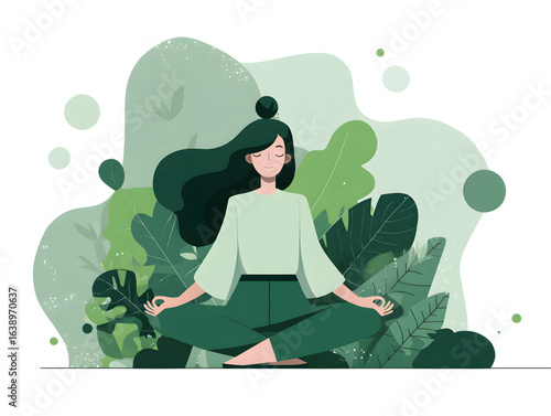 Woman meditating surrounded by lush greenery in a peaceful setting during daylight hours