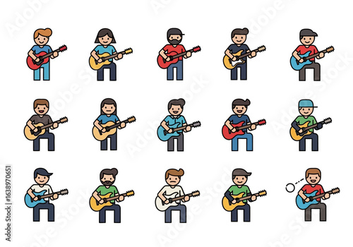 Characters playing acoustic guitars, perfect for music education materials, flyers, band promotions, and guitarrelated designs. Ideal for musicrelated designs.