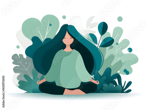 Woman meditating surrounded by lush greenery in a peaceful setting during daylight hours