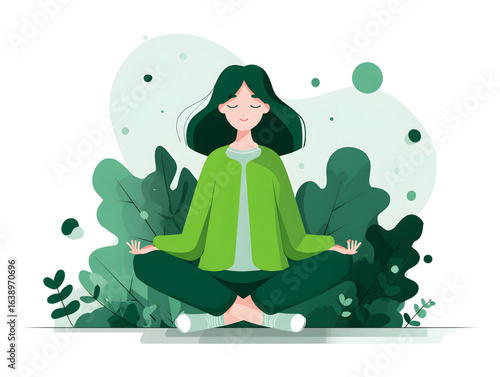 Woman meditating surrounded by lush greenery in a peaceful setting during daylight hours