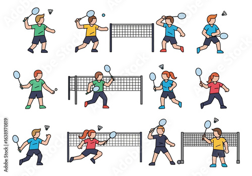 Dynamic game of badminton with multiple nets, players engaged in fun match outdoors. Suitable for sports, recreational, and active lifestyle concepts.