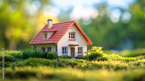 Wallpaper Mural A miniature model house with a red roof and white walls, situated on a grassy lawn with green foliage in the background. Torontodigital.ca
