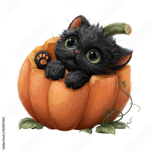 Black Cat in Halloween pumpkin, Black Kitten In Jack'O'Lantern - Halloween Cartoon style 
