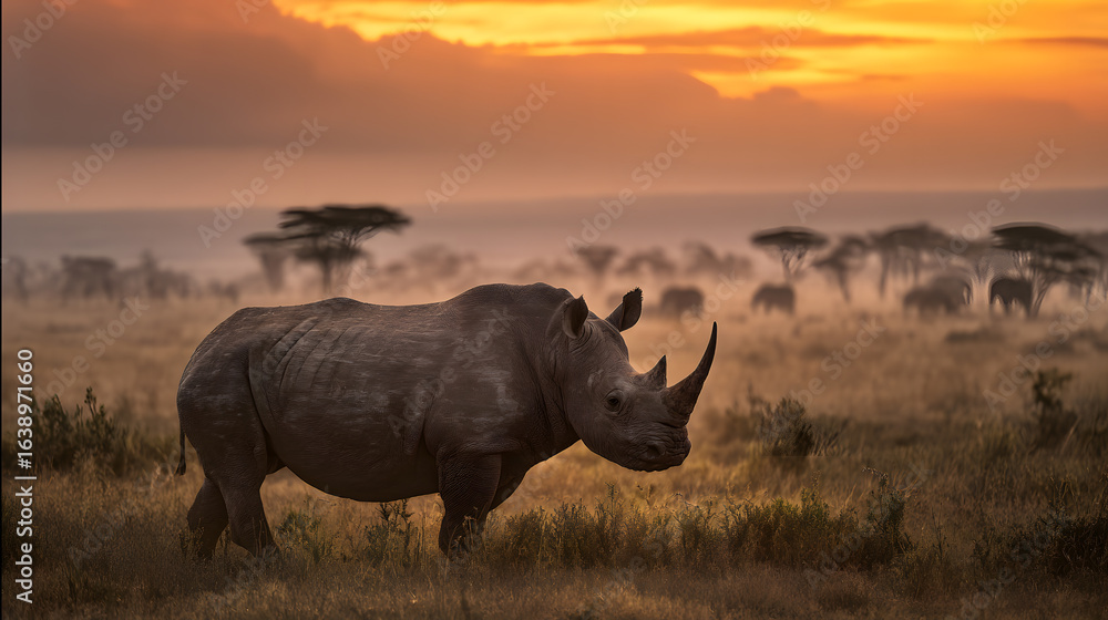 Fototapeta premium Rare northern white rhinoceros (Ceratotherium simum cottoni) standing gracefully in the expansive savanna.