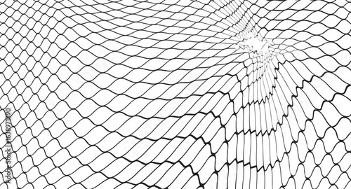 A rhythmic black grid undulates across a white backdrop, distorting near a central vanishing point to evoke a sense of depth, pattern, and dynamic movement in the monochrome composition