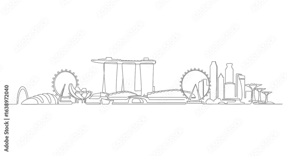 Naklejka premium Singapore Skyline: A clean line art depiction of the iconic Singapore skyline showcases architectural marvels, illustrating the city's modernity and urban design with a minimalist approach.