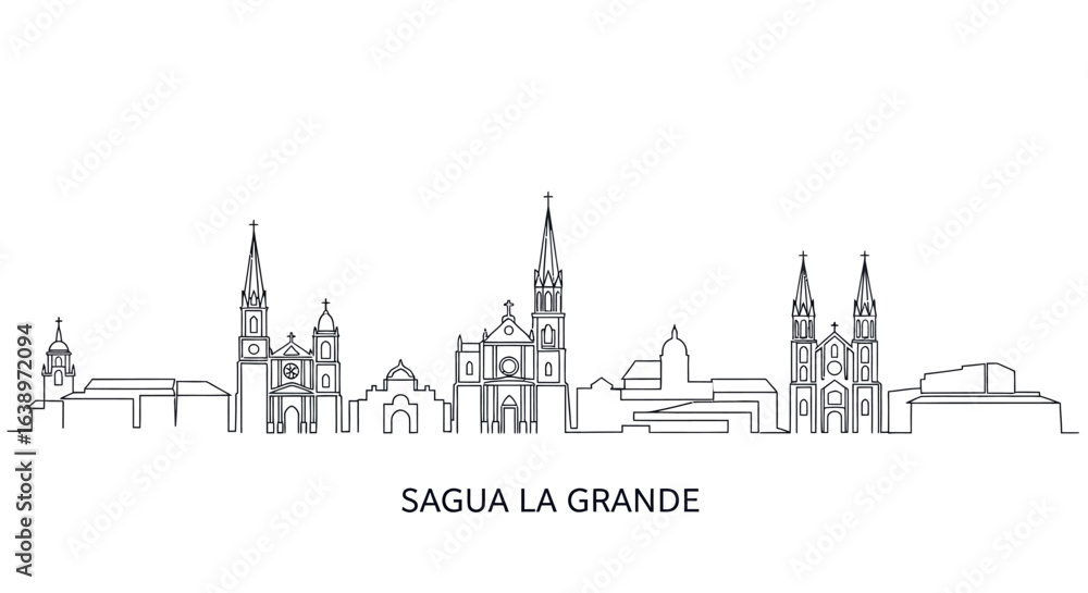 Obraz premium Sagua la Grande Cityscape Silhouette: A minimalist line art illustration capturing the iconic skyline of Sagua la Grande, showcasing its unique architectural silhouettes.