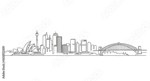 Sydney Skyline in Line Art: A sleek line art depiction of the iconic Sydney skyline, showcasing its architectural grandeur and unique landmarks. 