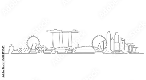 Singapore Skyline: A clean line art depiction of the iconic Singapore skyline showcases architectural marvels, illustrating the city's modernity and urban design with a minimalist approach.