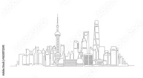 Shanghai Skyline in Single Line: A minimalist illustration presents the iconic Shanghai skyline, featuring sleek architectural forms with a modern aesthetic.