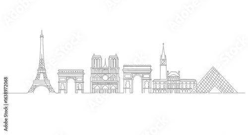 Paris Skyline: A minimalist line art representation of the iconic Parisian skyline, featuring the Eiffel Tower and other famous landmarks, showcasing the city's architectural elegance.