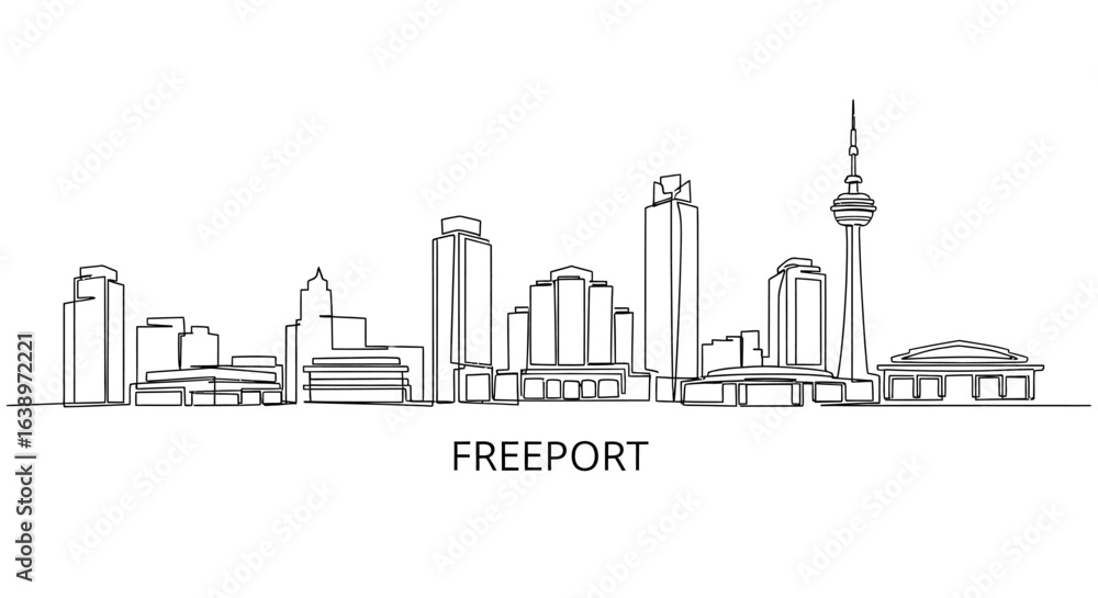 Obraz premium Freeport Cityscape: A minimalist line drawing showcases the urban form of Freeport, depicting iconic buildings and structures in a simple, elegant style.