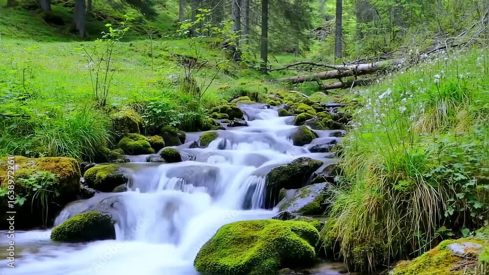 Serene Forest Stream: Cascading Water, Mossy Rocks, Lush Greenery Serene Forest Stream: Cascading Water, Mossy Rocks, Lush Greenery