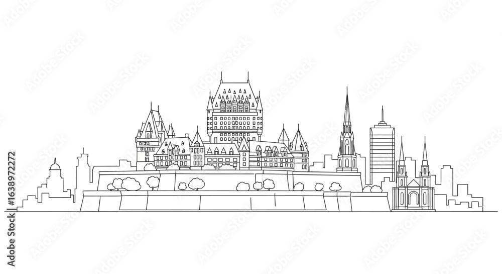 Fototapeta premium Quebec City Architectural Silhouette: A stark, minimalist linear illustration depicts the iconic skyline of Quebec City, emphasizing the grandeur of its architecture and historical significance.