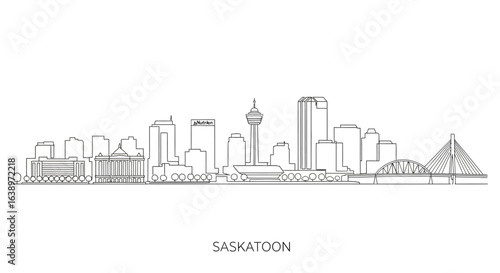 Saskatoon Cityscape Skyline: A detailed line-art illustration showcasing the iconic skyline of Saskatoon. capturing the architectural essence of the city.