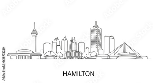 Hamilton Cityscape Outline: A minimalist, line-art illustration of the Hamilton skyline, capturing the essence of the city's architectural features in a clean and elegant design.