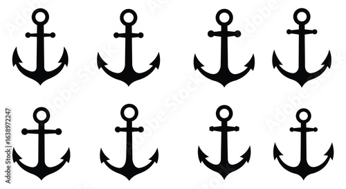 Eight Black Anchor Silhouettes Arranged in Two Rows on a White Background