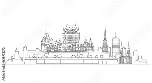 Quebec City Architectural Silhouette: A stark, minimalist linear illustration depicts the iconic skyline of Quebec City, emphasizing the grandeur of its architecture and historical significance.